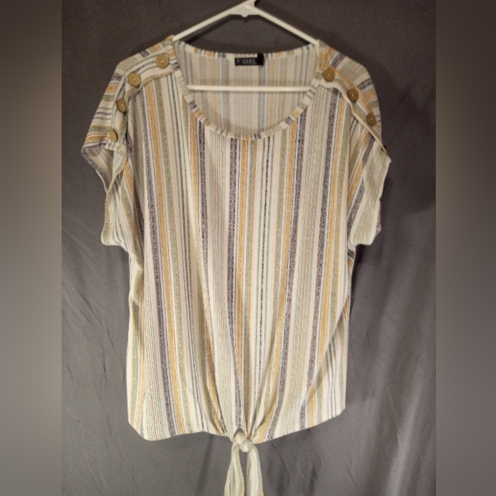 Cure Aztec Sriped Tie-Hem Button Shoulder Top - Cream Multi